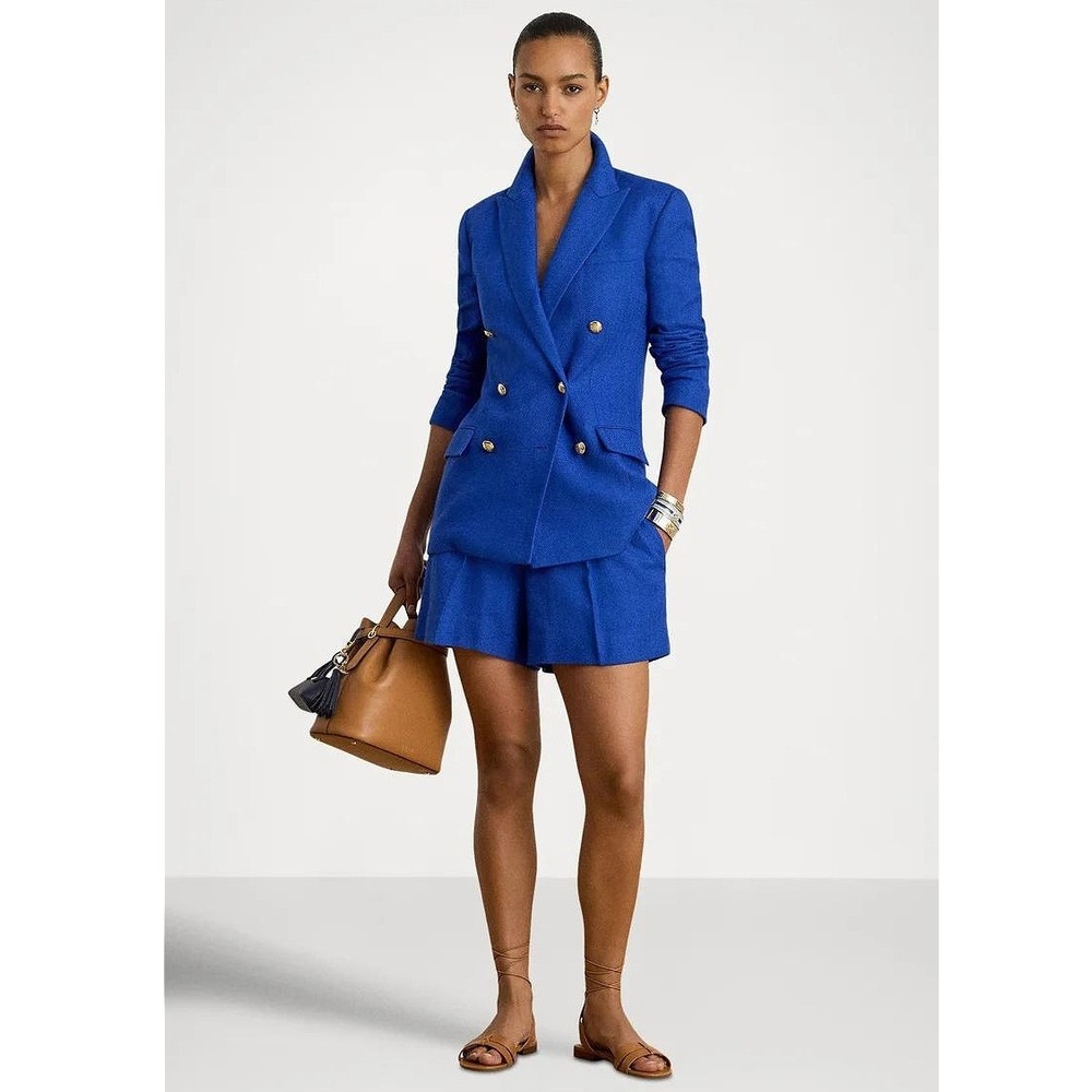 Lauren Ralph Lauren Women 0 Double Breasted Linen Blazer Royal Blue Gold Buttons